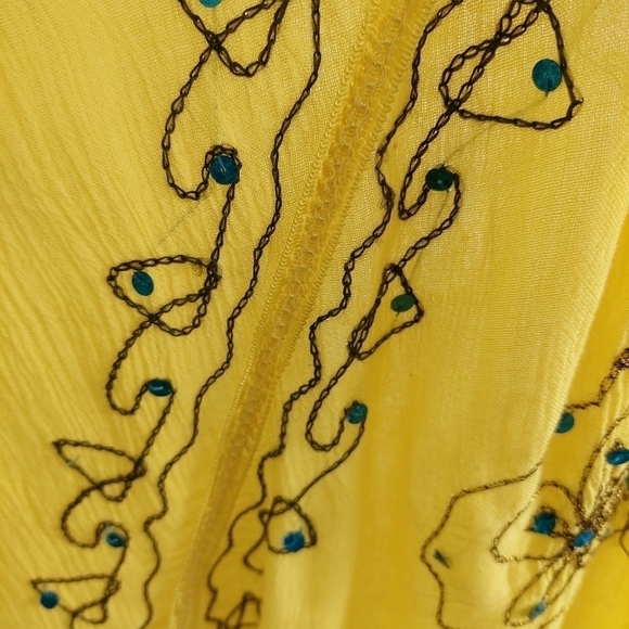 Sunflower Yellow Sleeveless Gauze Maxi Dress Free Size Floral Embroidered Sequin - Picture 6 of 13